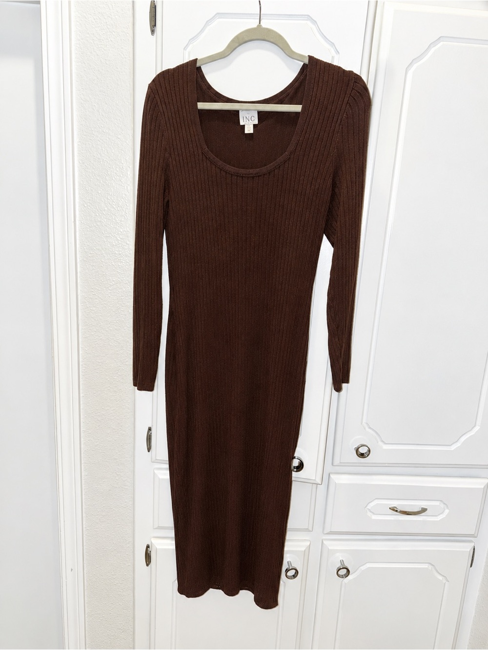 INC International Concepts Chocolate Brown Ribbed Long Sleeve Midi Dress